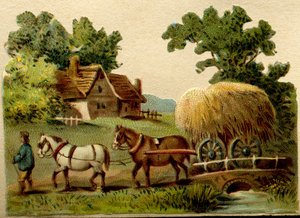 Chromolithographie publicitaire, représentant une scène rurale, deux chevaux menés par un fermier tirant une charrette de paille