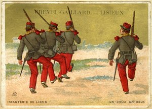 Publicité chromolithographique de Grevel-Gaillard, Lisieux, infanterie en ligne, un deux, un deux - French School
