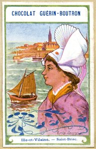 Publicité chromolithographique des chocolats Guerin Boutron, les coiffes des régions de France, Ille et Vilaine, Saint Briac, illustration Emile Jammes
