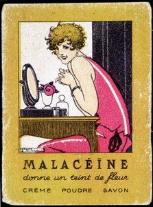 Carte postale publicitaire pour les produits de beauté Malacéïne. vers 1920.