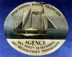 Enseigne publicitaire pour le paquebot postal français, agence des services maritimes des courriers impériaux