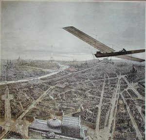 Avion survolant Paris, illustration pour un calendrier de 1911