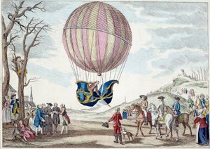 Aérostat : la deuxième tentative de vol en ballon. Ascension du ballon à gaz hydrogène de Charles et Robert sur la Prairie de Nesle, près de Paris le 01/12/1783. Anonyme, estampe du 18e siècle. Paris, arts décoratifs