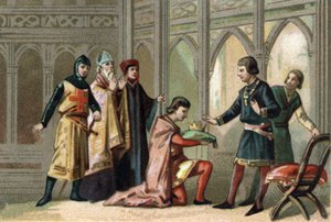 Après la mort de Louis X, la couronne revient à son frère cadet, Philippe V dit Le Long (1294-1322). La scène est assistée par les trois ordres féodaux. Chromolithographie vers 1890