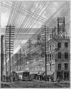 Fils électriques aériens, à Philadelphie (États-Unis), coin de Chesnut Street et Third Street. Gravure dans "La Nature. Revue des sciences et de ses applications aux arts et à l