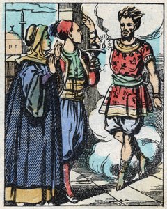 Aladin et sa mère frottent la lampe magique et font apparaître le génie. Gravure du conte des Mille et Une Nuits « Aladin et la Lampe Merveilleuse ». Imagerie d