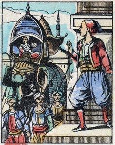 Aladin tombe amoureux de la fille du sultan. Gravure du conte des Mille et Une Nuits « Aladin et la Lampe Merveilleuse ». Imagerie d