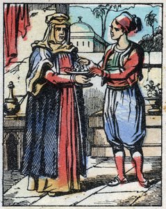 Aladin met des diamants somptueux dans une coupe en or et envoie sa mère les offrir au Sultan pour demander la main de sa fille. Gravure du conte des Mille et Une Nuits « Aladin et la Lampe Merveilleuse ». Imagerie d
