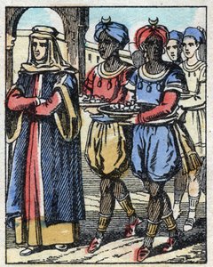 Aladin renvoie sa mère escortée par des esclaves portant des cadeaux pour proposer à la fille du Sultan. Gravure du conte des Mille et Une Nuits « Aladin et la lampe merveilleuse ». Imagerie d