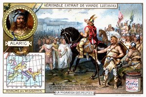 Alaric Ier, roi des Wisigoths, se présente pour la troisième fois devant Rome en 410 et exige la reddition de la ville - vignette publicitaire Liebig