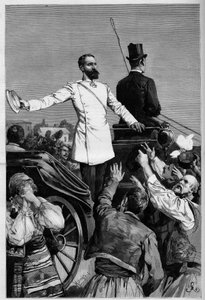 Alexandre de Battenberg - Le prince Alexandre Ier après son abdication acclamé par le peuple en quittant Sofia. Gravure dans « Le Monde Illustré » - French School