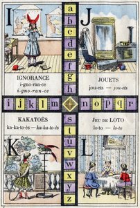 Alphabet et lettres I J K et L, ignorance, jouets, cacatoès et jeu de loto. ABC des petites filles. Imagerie d