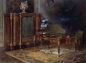 Un intérieur avec un bureau plat et une bibliothèque de style Louis XV - French School