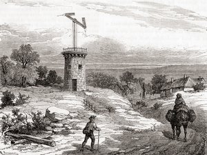 Un poteau de télégraphe aérien au 18ème siècle, des Merveilles de la Science, publié vers 1870 (gravure)