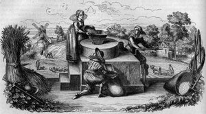 Un moulin à bras au XVIIe siècle en Allemagne. Gravure dans "Le Magasin pittoresque"