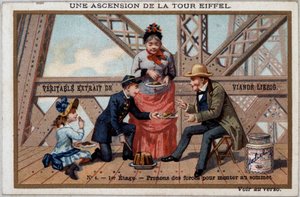 Une ascension de la Tour Eiffel : on prend des forces au 1er étage - chromo. Liébig, déb. 20e siècle