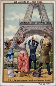 Une ascension de la Tour Eiffel : on peut voir la hauteur de la tour à la longue vue - chromo. Liebig, début 20e siècle
