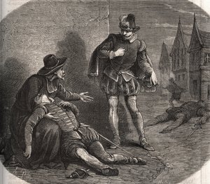 Un émissaire du roi de France Henri III (1551-1589) fut retrouvé mourant dans les rues de Rome en 1582. Il portait un message compromettant du roi concernant sa sœur, Marguerite de Valois (1553-1615), dite la reine Margot. Gravure de 1871 dans "Histoire De - French School