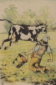 Une tentative infructueuse de traire une vache (lithographie en couleur) - French School