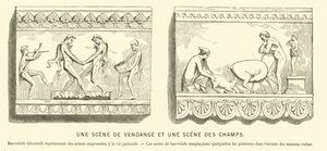 Bas-reliefs romains antiques représentant une récolte de raisin et une scène dans les champs (gravure)