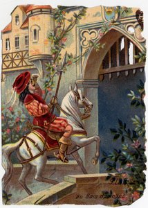Illustration anonyme pour « La Belle au bois dormant », conte de Charles Perrault (1628-1703), écrivain français : « Après cent ans, le prince atteignit la porte du château... » Chromolithographie.