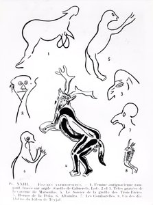 Figures anthropoïdes dans des grottes préhistoriques, de Les Artistes Préhistoriques par Morin-Jean, 1933 - French School
