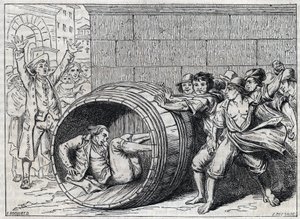 Persécution antisémite au 17e siècle : un juif roule dans un tonneau par les habitants de Rome. Illustration de « Meo Patacca », poème de Giuseppe Berneri (1637-1700). Gravure de Bocourt. - French School