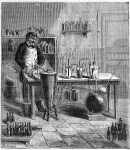 Appareil par Eugène Soubeiran (1797-1858) pour la préparation du bicarbonate de soude - Gravure dans «Sciences à la portée de tous - Physique et chimie populaires» par Alexis Clerc - Fin du 19e siècle - Collection privée - French School