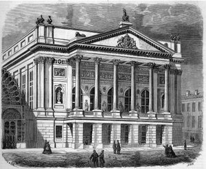 Architecture : vue de la façade du Théâtre Italien à Londres (Angleterre) en 1858. Gravure dans "Le Monde Illustré" n°38 du 2 janvier