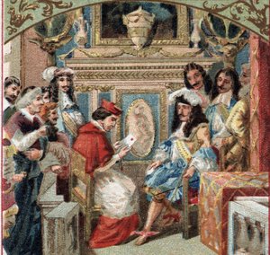 Audience donnée au légat dans la chambre du roi (Louis XIV ?) au château de Versailles. Chromolithographie de la fin du XIXe siècle