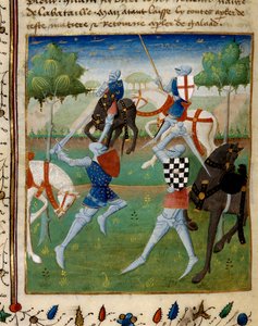 Bataille entre le chevalier Palamède et Artus (ou Arthur) le petit. Miniature tirée du manuscrit « Le roman de Tristan » dirigé par le Maître Charles du Maine