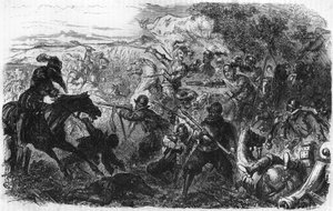 Bataille de Coutras en 1587, remportée par Henri de Navarre, futur Henri IV. Dans "Histoire Populaire de la France", sd. vers 1885. Gravure.