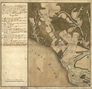 Bataille de Green Spring, carte des terres sur la rive gauche de la James River en face de Jamestown en Virginie où la bataille du 6 juillet a eu lieu - French School
