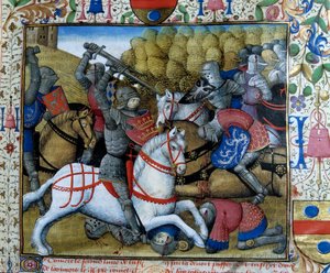Bataille de chevaliers (miniature du manuscrit « Le roman de Tristan »)
