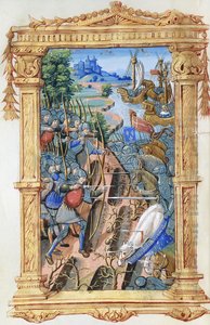 Scène de bataille entre archers et cavalerie, avec château et navires, vers 1495-1500