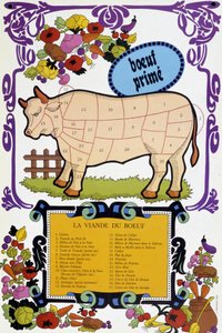 Viande de bœuf et ses morceaux - Affiche de boucherie, XXe siècle