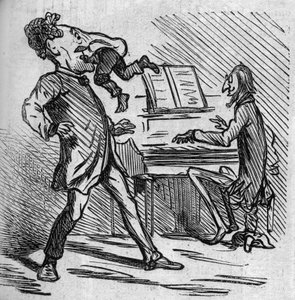 Avant de chanter la musique de M. Offenbach, le ténor Hyacinthe se fait taper pour soulager ses notes aiguës. Le compositeur français naturalisé allemand Jacques Offenbach (1819-1880) jouant du piano et Louis Hyacinthe Duflost, dit Hyacinthe - French School