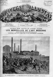 Grève des ouvriers belges : la police charge les cavaliers à Carnieres. Un journal. Gravure dans "Le Monde Illustré"