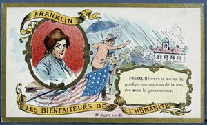 Benjamin Franklin, homme politique et physicien américain (1706-1790) et le paratonnerre - chromo., début 20ème siècle