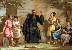 Benoît de Nursie, ou Saint Benoît (480-547) enseignant sa règle aux enfants des nobles romains. Chromolithographie de la fin du 19ème siècle