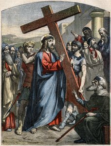 Scène biblique - Chemin de croix : Jésus porte la croix. Gravure dans "Le Pèlerin" du 3 mai - French School