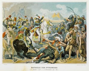Bonaparte (centre) et ses troupes lors de la bataille des Pyramides le 21 juillet 1798.