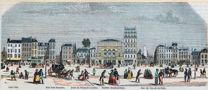 Boulevard Beaumarchais côté sud - Café Gibe - Hôtel de Ninon de Laclos - Théâtre Beaumarchais - Rue pas de la mule - Gravure dans « Tableau-de-Paris » par Edmond Texier 1852