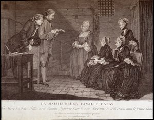 Affaire Calas : La malheureuse famille de Jean Calas (mort en 1762) : la mère, les deux filles, avec Jeanne Viguière, leur bonne servante, le fils et son ami, v.1762