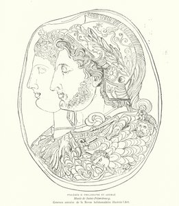 Camée du pharaon égyptien antique Ptolémée Philadelphe et de sa femme Arsinoé, 3ème siècle av. J.-C. (gravure)