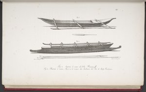 [Canoës des îles Marshall, et un canoë et des armes des îles Cook], de Voyage pittoresque autour du monde, avec des portraits de sauvages d