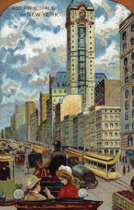 Circulation automobile à Broadway, rue principale de New York, chromolithographie du 19ème siècle