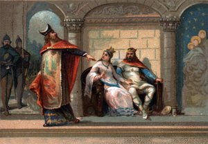 Caribert ou Cherebert, roi de Paris (561 - 567). Chromolithographie de la fin du 19e siècle