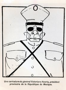 Caricature du général Victoriano Huerta (1854-1916) président par intérim de la République du Mexique, illustration du Monde Illustré, publiée le 1er mars 1913