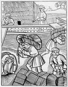 Porteurs de foin au Moyen Âge. Gravure dans "La Marine et les colonies : commerce" - French School